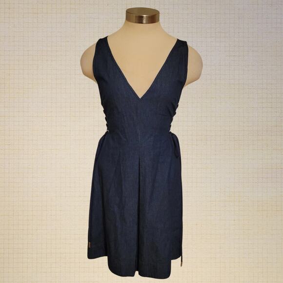 Deep V-Neck Corset Tie Cotton Denim Mini Dress Intermix Size S - Picture 1 of 8